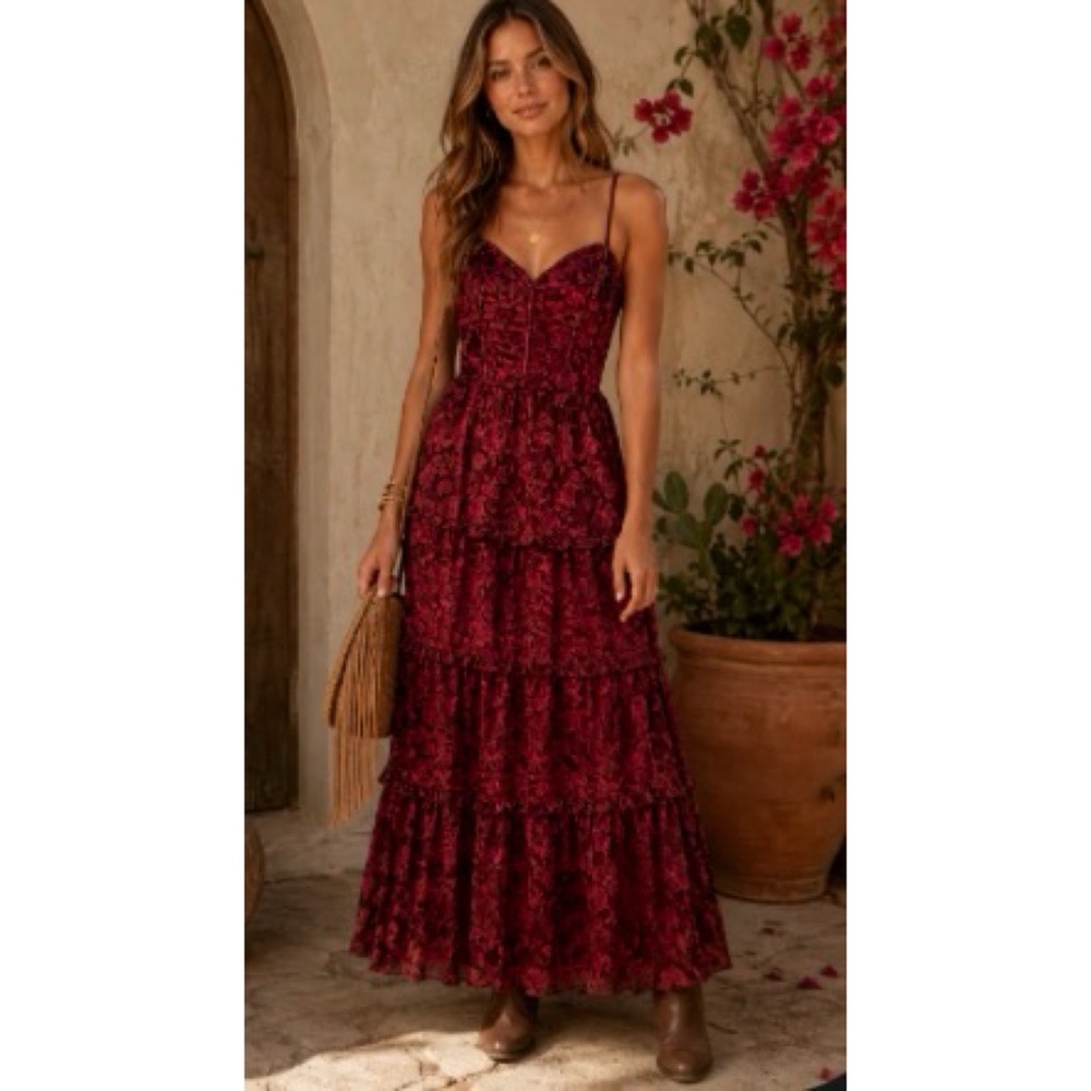 Wine Red Floral Jacquard Tiered Maxi Dress w/ Bustier Bodice Medium Romantic NWT
